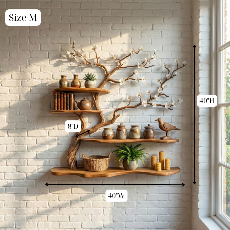 Rustic Solid Wood Tree Bookshelf Wall Art, Handcrafted Blossom Branch Shelf, Nature Inspired Living Room Decor