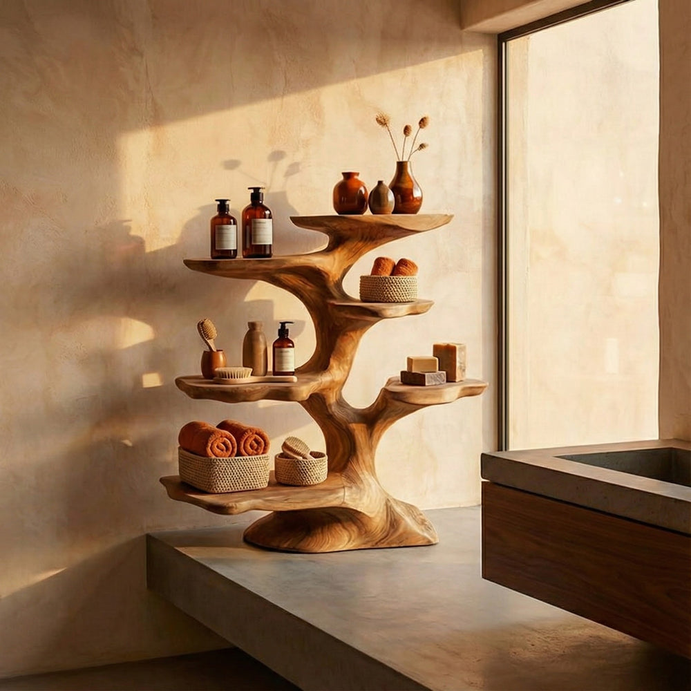 Tree Standing Shelf, Bamboo Rack, Bathroom Vanity Wood Furniture Boho Home Decor