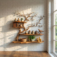 Rustic Solid Wood Tree Bookshelf Wall Art, Handcrafted Blossom Branch Shelf, Nature Inspired Living Room Decor