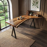 Rustic Live Edge Wooden Office Desk, Solid Wood Executive Computer Table, Natural Slab Writing Desk for Home Office