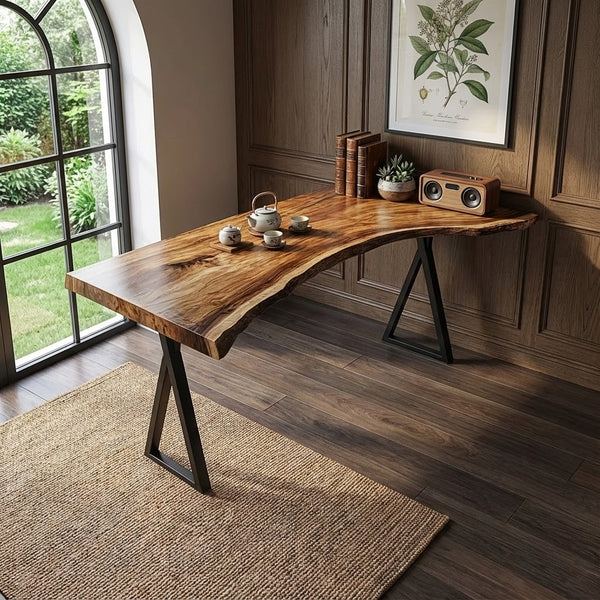 Rustic Live Edge Wooden Office Desk, Solid Wood Executive Computer Table, Natural Slab Writing Desk for Home Office
