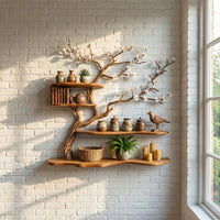 Rustic Solid Wood Tree Bookshelf Wall Art, Handcrafted Blossom Branch Shelf, Nature Inspired Living Room Decor