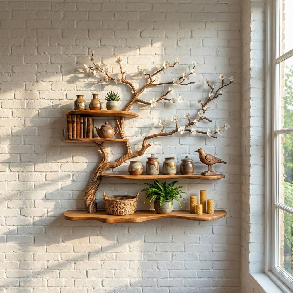 Rustic Solid Wood Tree Bookshelf Wall Art, Handcrafted Blossom Branch Shelf, Nature Inspired Living Room Decor