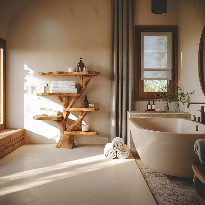 Solid Wood Bookcase, Tree Bookshelf, Wall Book Shelf Rustic Furniture Style, Bathroom Decor