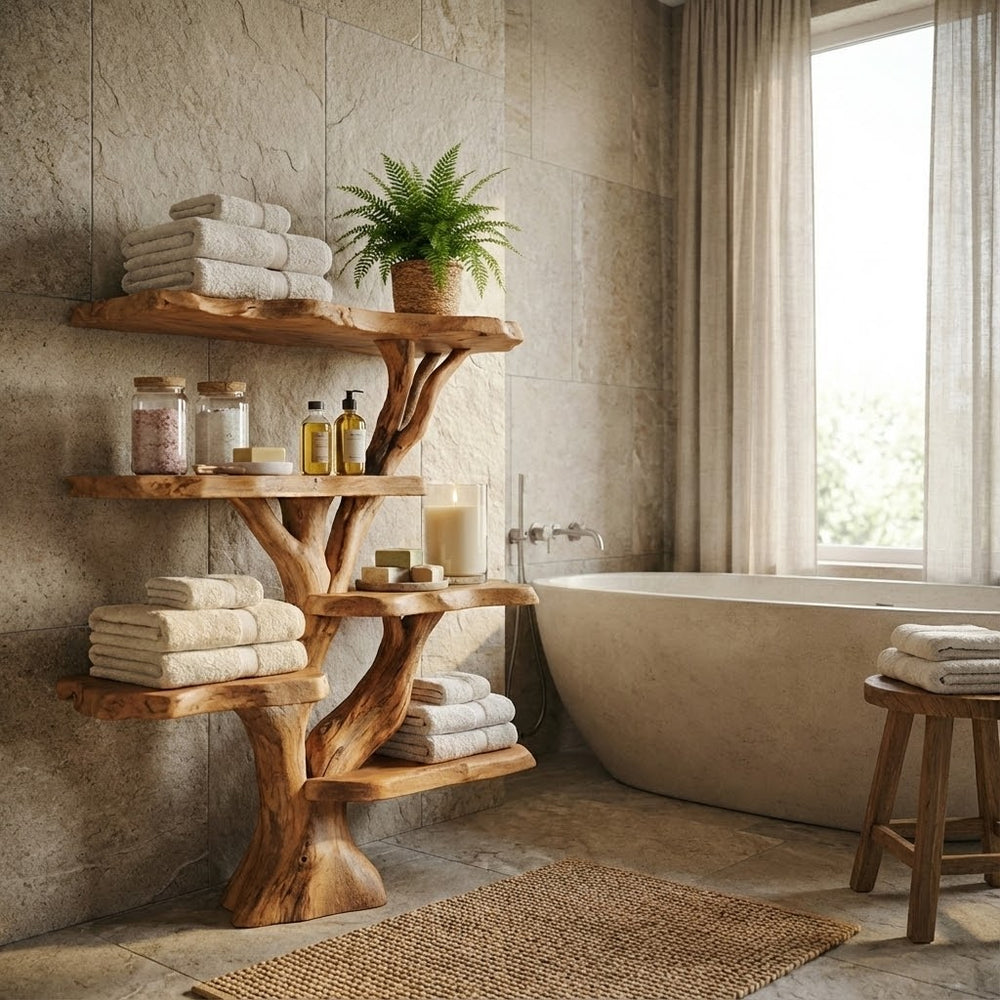 Solid Wood Bookcase, Tree Bookshelf, Wall Book Shelf Rustic Furniture Style, Bathroom Decor