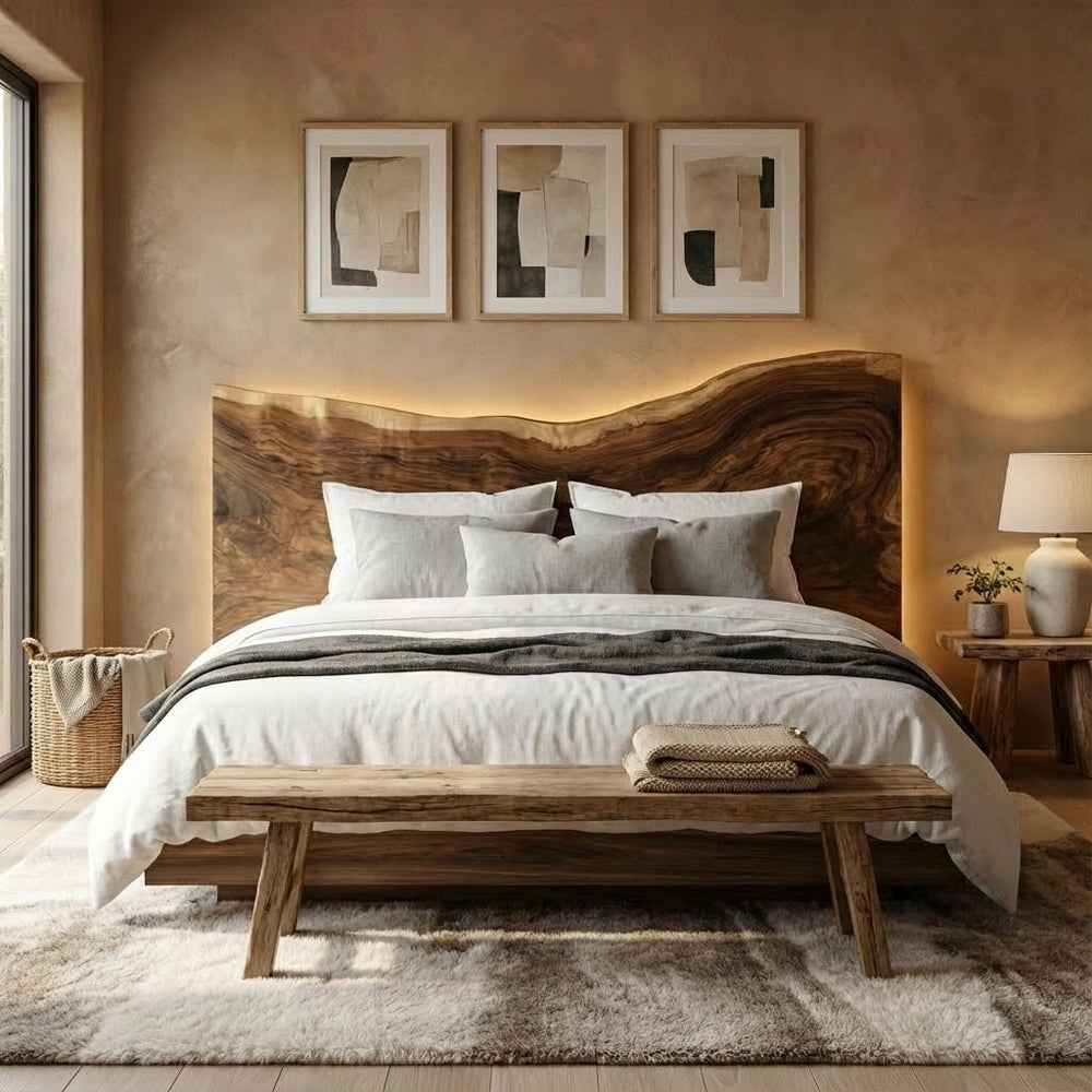 Handcrafted Solid Wood Bed Headboard, Live Edge Mid Century Organic Bedroom Decor, Rustic Natural Wood Wall Art