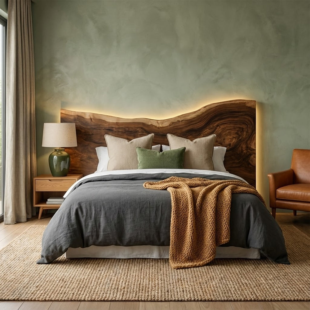 Handcrafted Solid Wood Bed Headboard, Live Edge Mid Century Organic Bedroom Decor, Rustic Natural Wood Wall Art