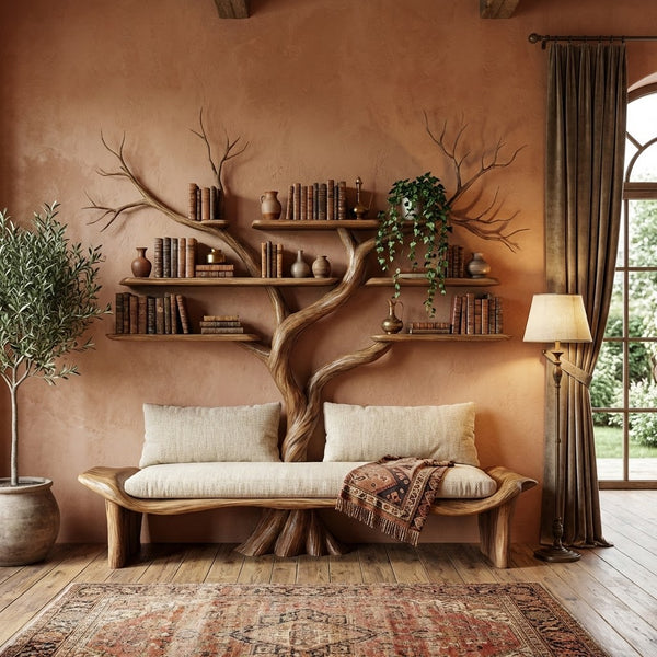 Tree Bookshelf, Wood Bookcase, Book Shelf Art Rustic Furniture Style Living Room Decor