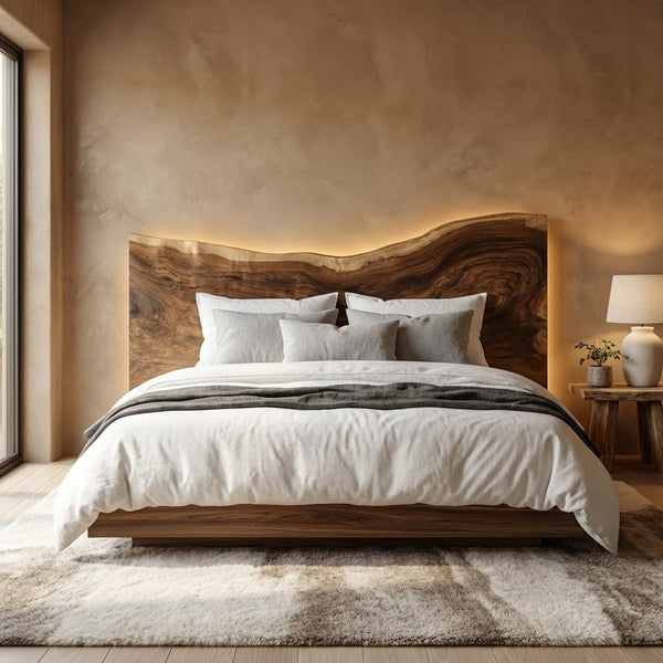 Handcrafted Solid Wood Bed Headboard, Live Edge Mid Century Organic Bedroom Decor, Rustic Natural Wood Wall Art
